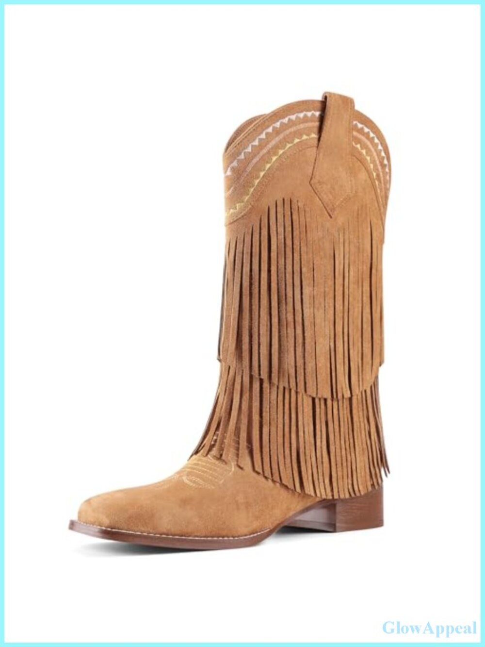 Women's Mid Calf Cowboy Boots Fringe Block Heel Square Toe Pull On Western